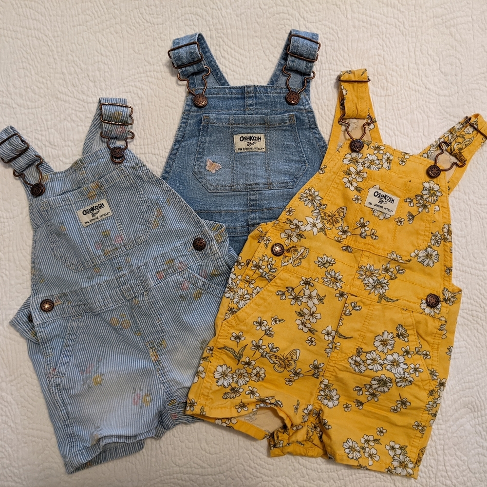 Three baby Oshkosh overalls bundle, 12 months, floral print and denim